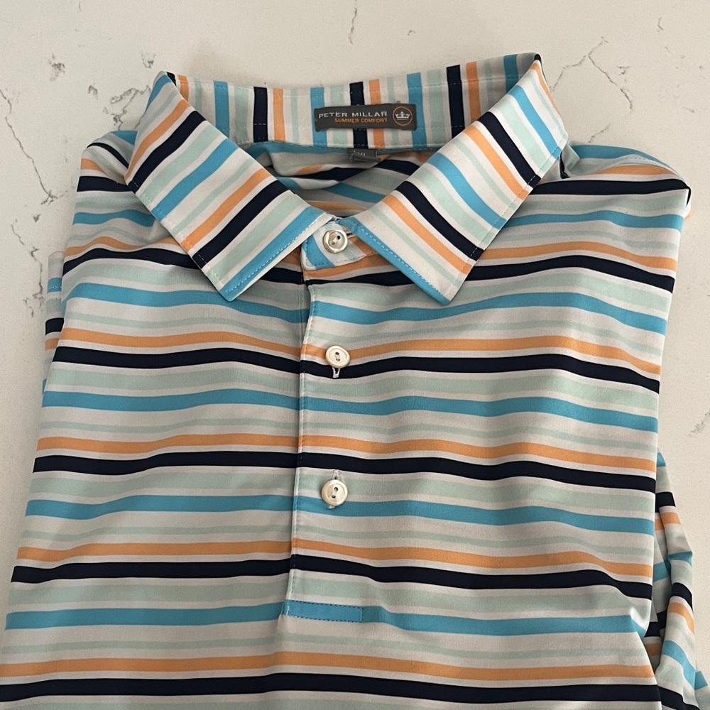 Peter Millar Men's Polo Shirt - Blue, Orange, and White Stripes
